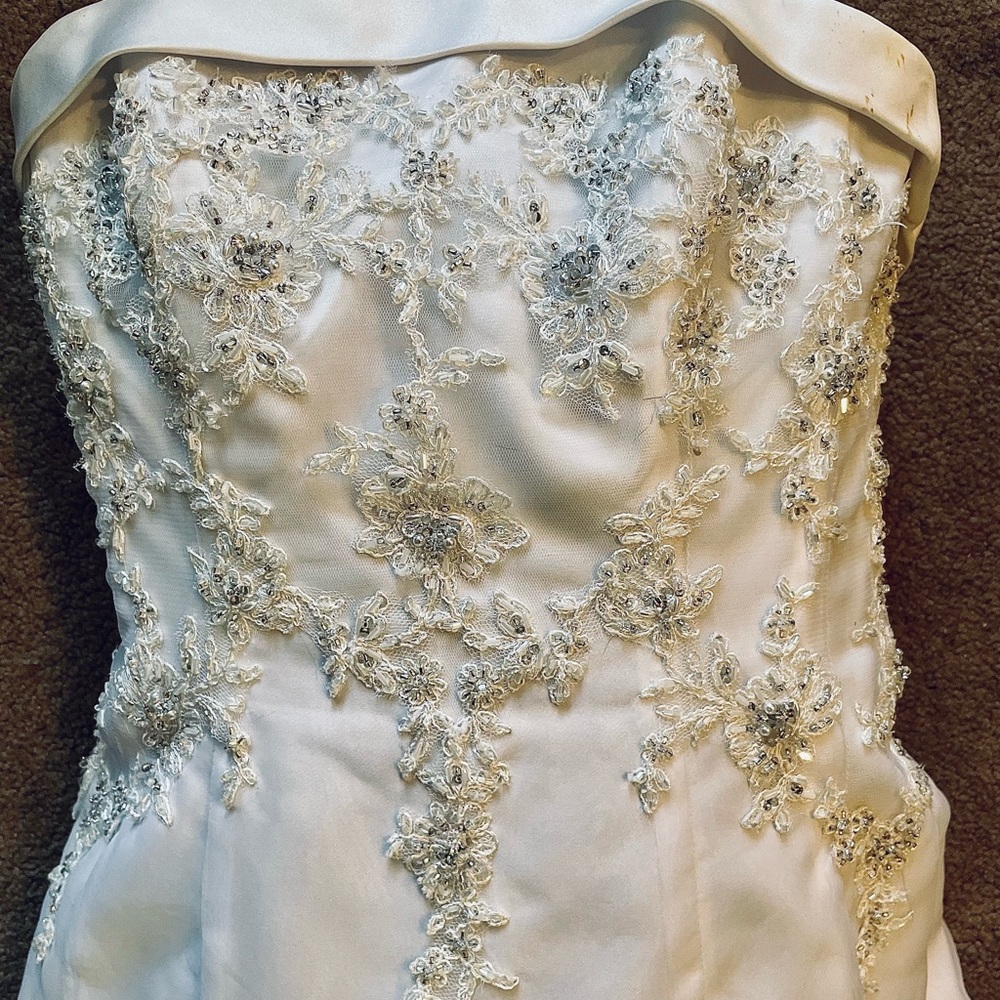 David’s Bridal white strapless beaded wedding gown size 8
